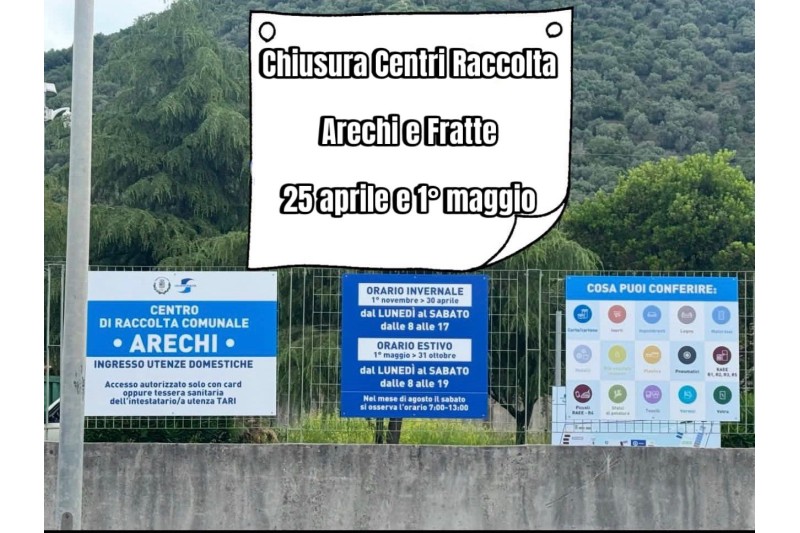 Chiusura dei Centri di Raccolta Arechi e Fratte in occasione delle festività del 25 aprile e del 1° maggio